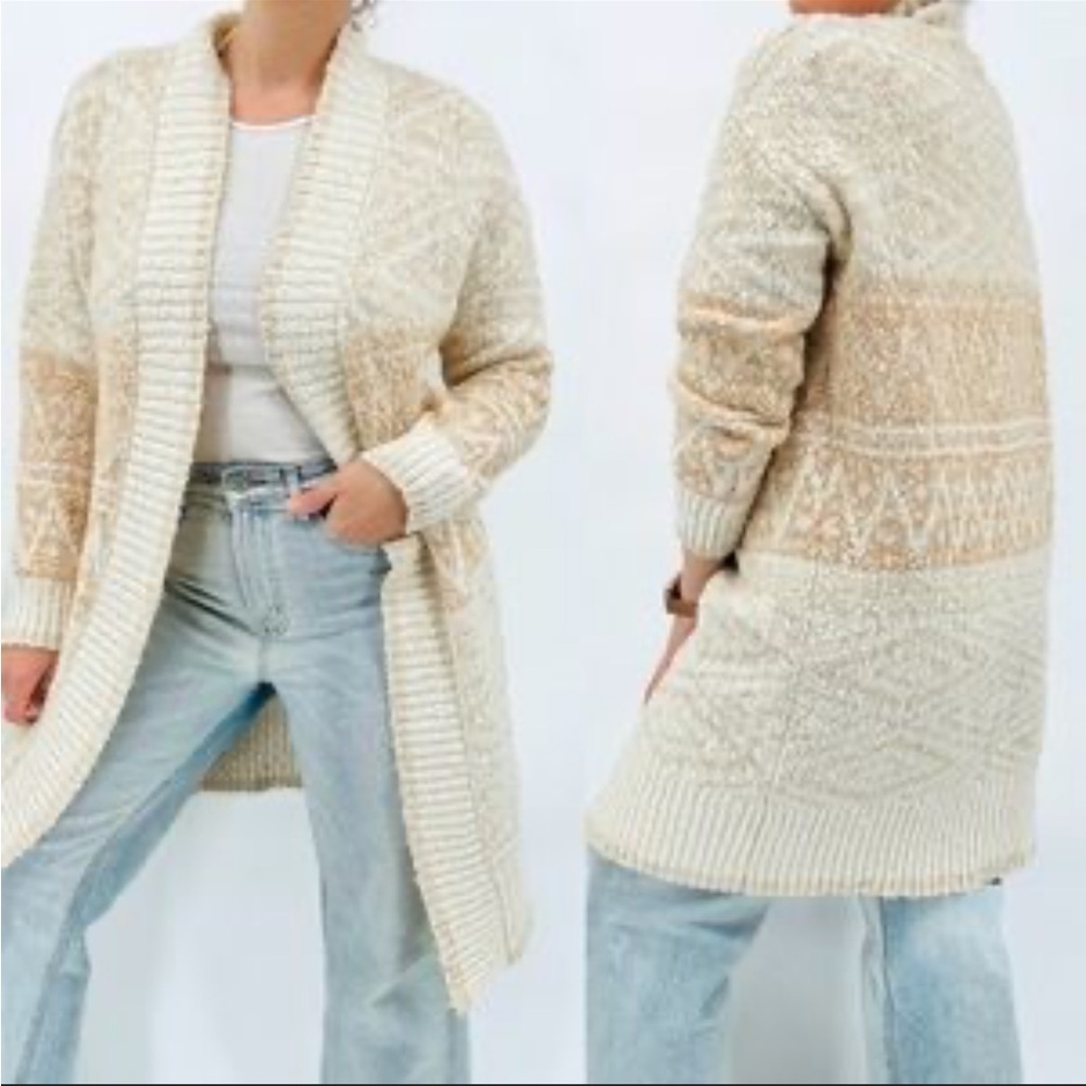 Joie Beige Duster Knit Cardigan Open Front Longline Nordic Geometric Print Wool